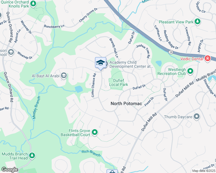 map of restaurants, bars, coffee shops, grocery stores, and more near 11 Dufief Court in North Potomac
