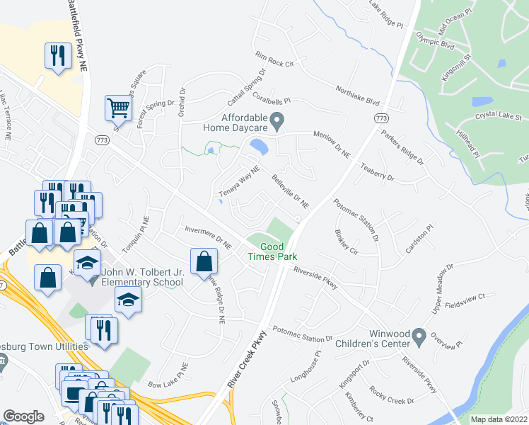 map of restaurants, bars, coffee shops, grocery stores, and more near 1592 Kinnaird Terrace Northeast in Leesburg