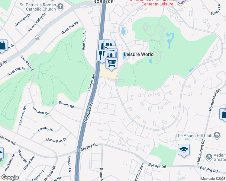 map of restaurants, bars, coffee shops, grocery stores, and more near 3746 South Leisure World Boulevard in Silver Spring