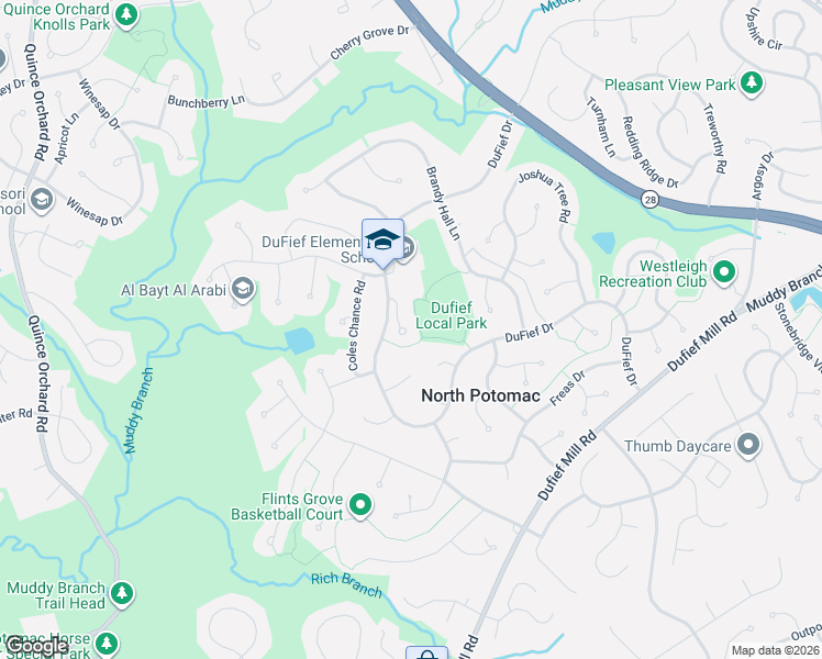 map of restaurants, bars, coffee shops, grocery stores, and more near 11 Dufief Court in North Potomac