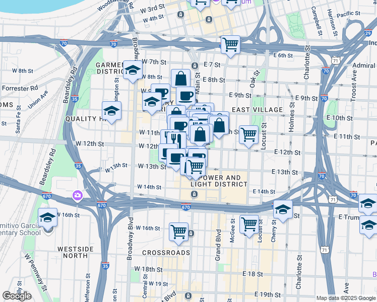 map of restaurants, bars, coffee shops, grocery stores, and more near in Kansas City