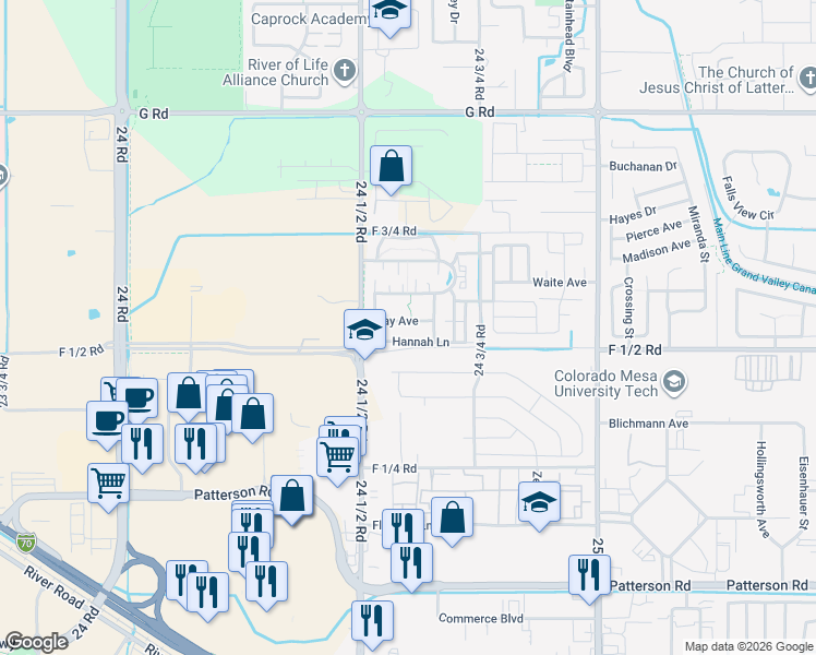 map of restaurants, bars, coffee shops, grocery stores, and more near 2461 Ajay Avenue in Grand Junction