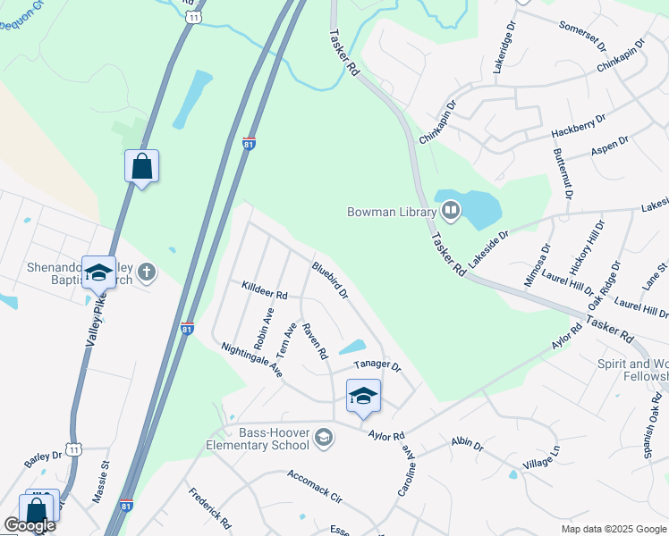 map of restaurants, bars, coffee shops, grocery stores, and more near 234 Bluebird Dr in Stephens City