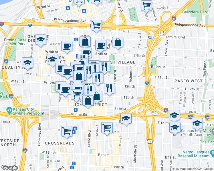 map of restaurants, bars, coffee shops, grocery stores, and more near 399 E 12 St in Kansas City