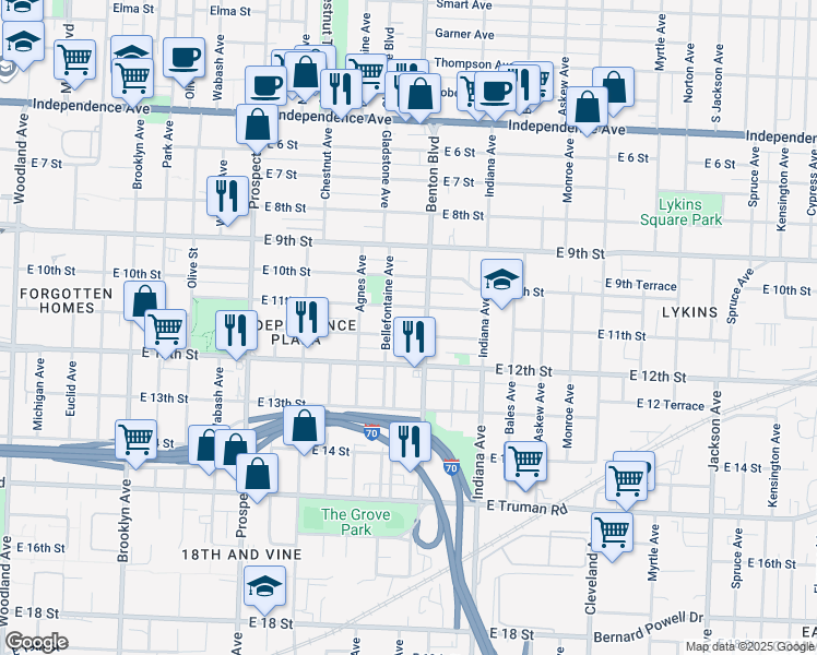 map of restaurants, bars, coffee shops, grocery stores, and more near 3116 East 11 Street in Kansas City