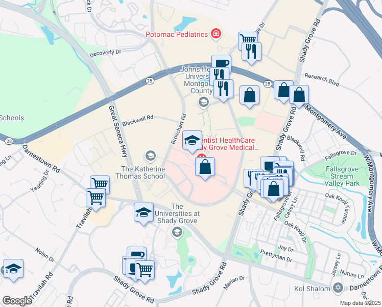 map of restaurants, bars, coffee shops, grocery stores, and more near 14901 Broschart Road in Rockville