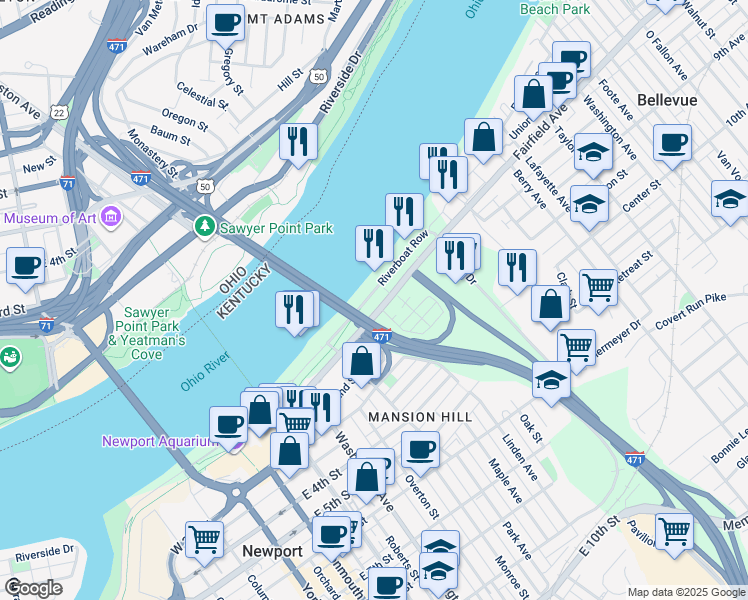 map of restaurants, bars, coffee shops, grocery stores, and more near 300 Riverboat Row in Newport