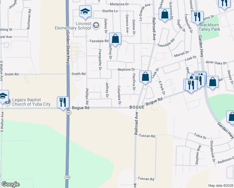 map of restaurants, bars, coffee shops, grocery stores, and more near 1840 Columbia Drive in Yuba City