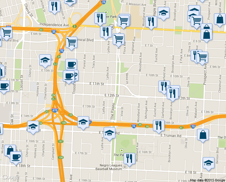 map of restaurants, bars, coffee shops, grocery stores, and more near 1116 Paseo Blvd in Kansas City