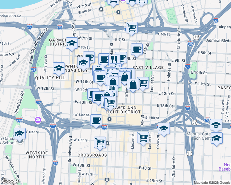 map of restaurants, bars, coffee shops, grocery stores, and more near 1100 Walnut Street in Kansas City
