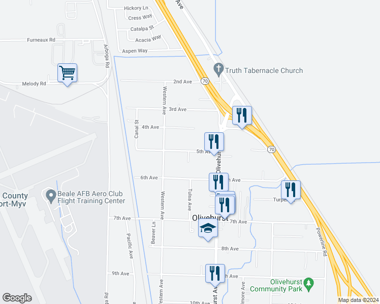 map of restaurants, bars, coffee shops, grocery stores, and more near 1681 5th Avenue in Olivehurst