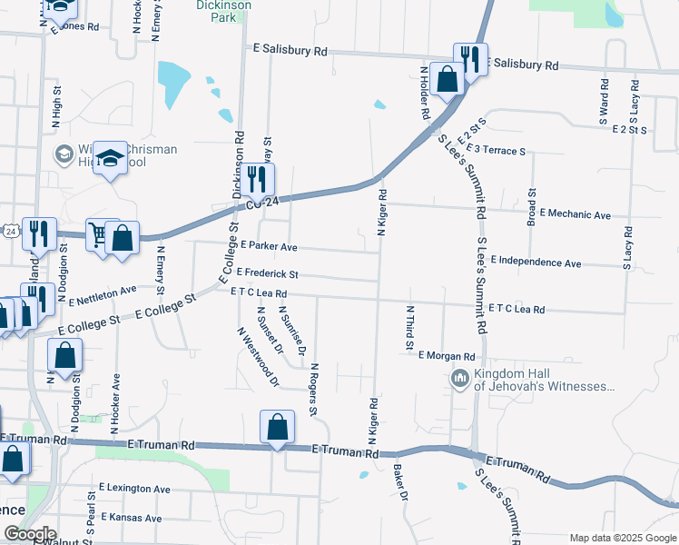 map of restaurants, bars, coffee shops, grocery stores, and more near 1313 East Parker Avenue in Independence