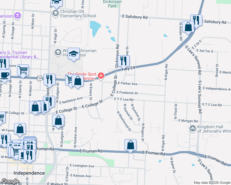 map of restaurants, bars, coffee shops, grocery stores, and more near 914 East College Street in Independence