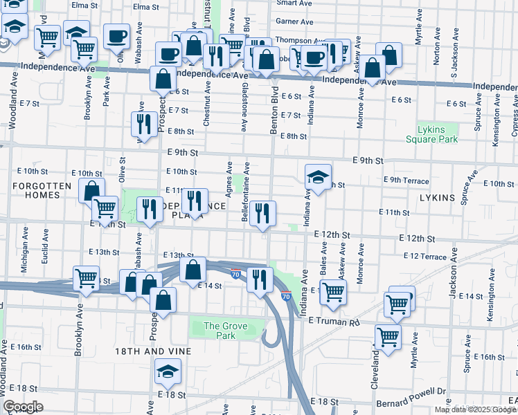 map of restaurants, bars, coffee shops, grocery stores, and more near 3116 East 11 Street in Kansas City