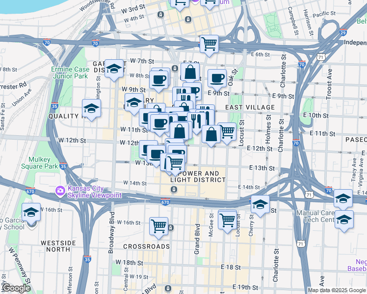 map of restaurants, bars, coffee shops, grocery stores, and more near 1100 Walnut Street in Kansas City
