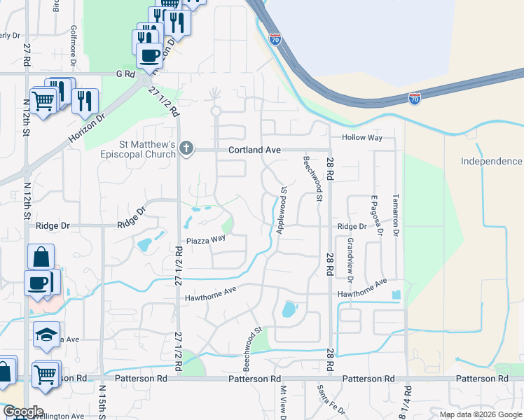 map of restaurants, bars, coffee shops, grocery stores, and more near 3530 Ponderosa Way in Grand Junction