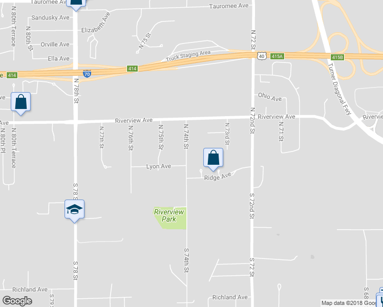 map of restaurants, bars, coffee shops, grocery stores, and more near 45 North 74 Street in Kansas City