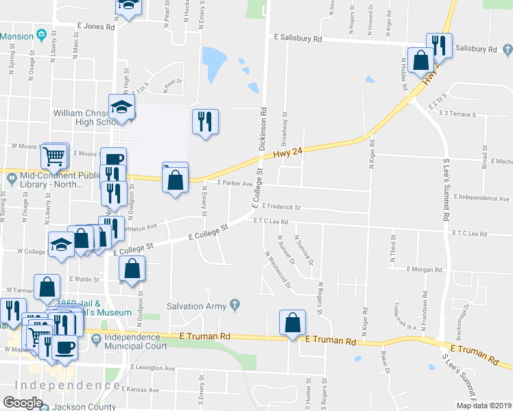 map of restaurants, bars, coffee shops, grocery stores, and more near 914 East College Street in Independence