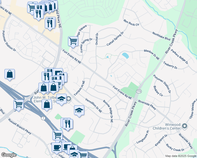 map of restaurants, bars, coffee shops, grocery stores, and more near 714 Mount Holly Place Northeast in Leesburg