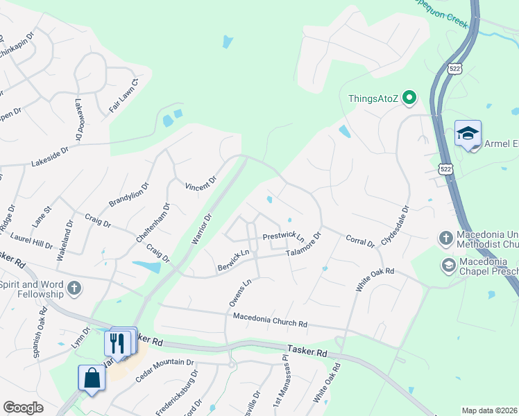 map of restaurants, bars, coffee shops, grocery stores, and more near 102 Collington Court in Stephens City