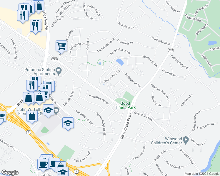 map of restaurants, bars, coffee shops, grocery stores, and more near 1522 Kinnaird Terrace Northeast in Leesburg