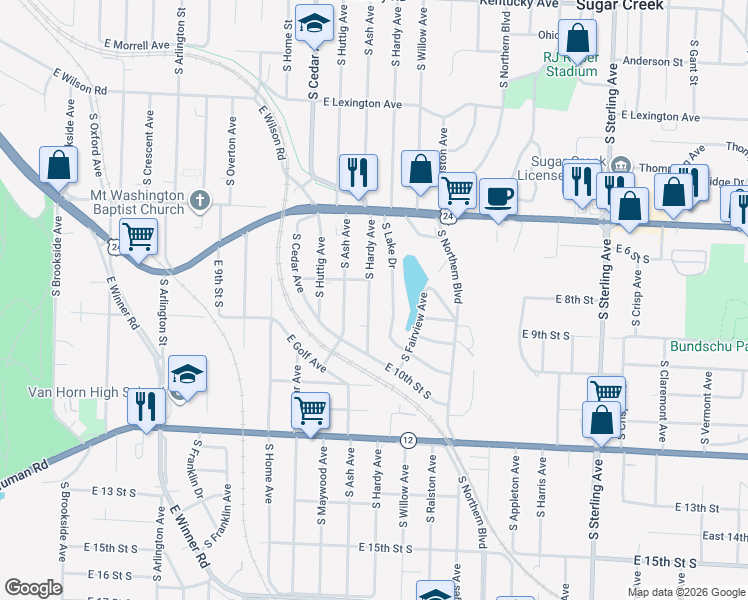 map of restaurants, bars, coffee shops, grocery stores, and more near 629 South Hardy Avenue in Independence