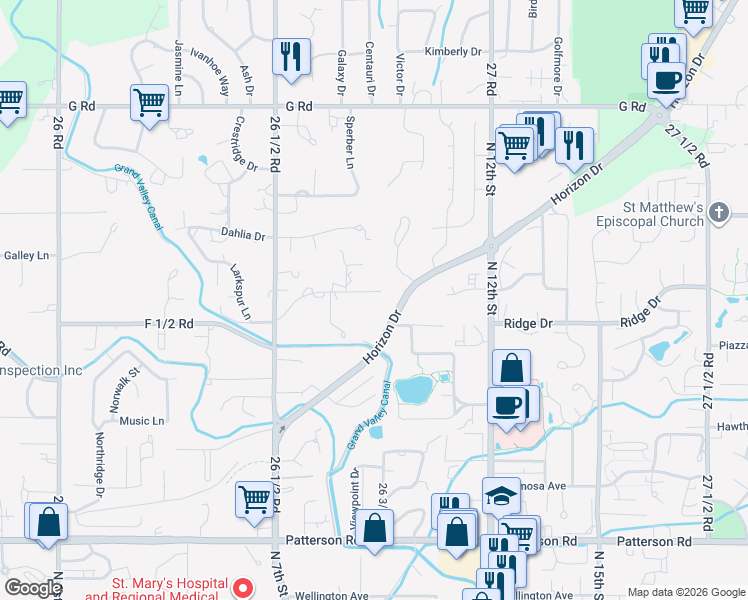map of restaurants, bars, coffee shops, grocery stores, and more near 660 Round Hill Drive in Grand Junction