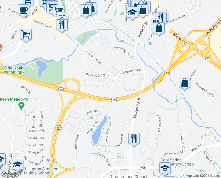 map of restaurants, bars, coffee shops, grocery stores, and more near 783 Vanderbilt Terrace Southeast in Leesburg