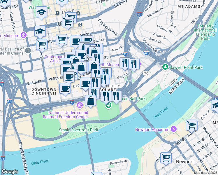 map of restaurants, bars, coffee shops, grocery stores, and more near 301 East 4th Street in Cincinnati