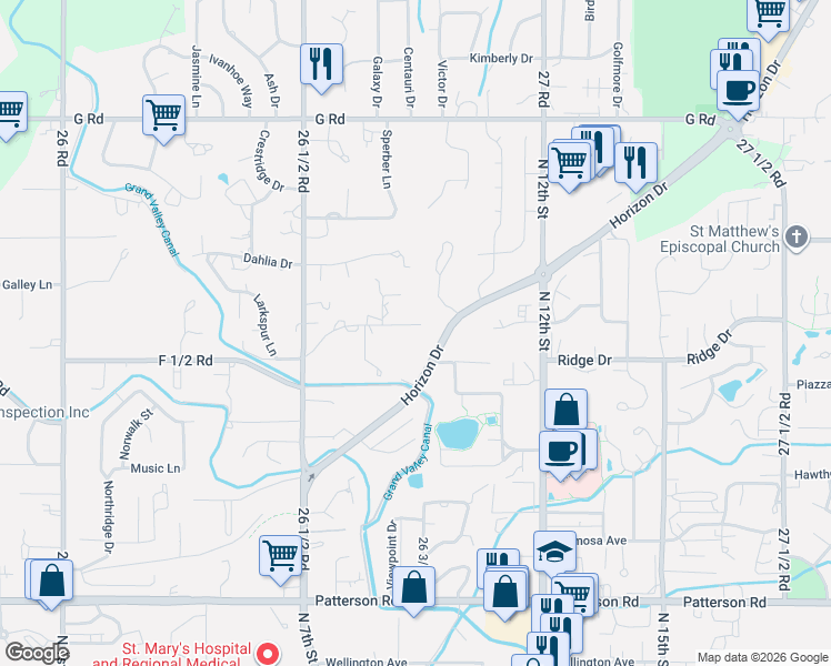 map of restaurants, bars, coffee shops, grocery stores, and more near 660 Round Hill Drive in Grand Junction