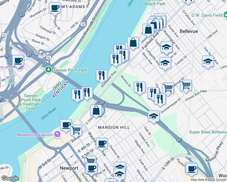 map of restaurants, bars, coffee shops, grocery stores, and more near 85 Riviera Drive in Bellevue