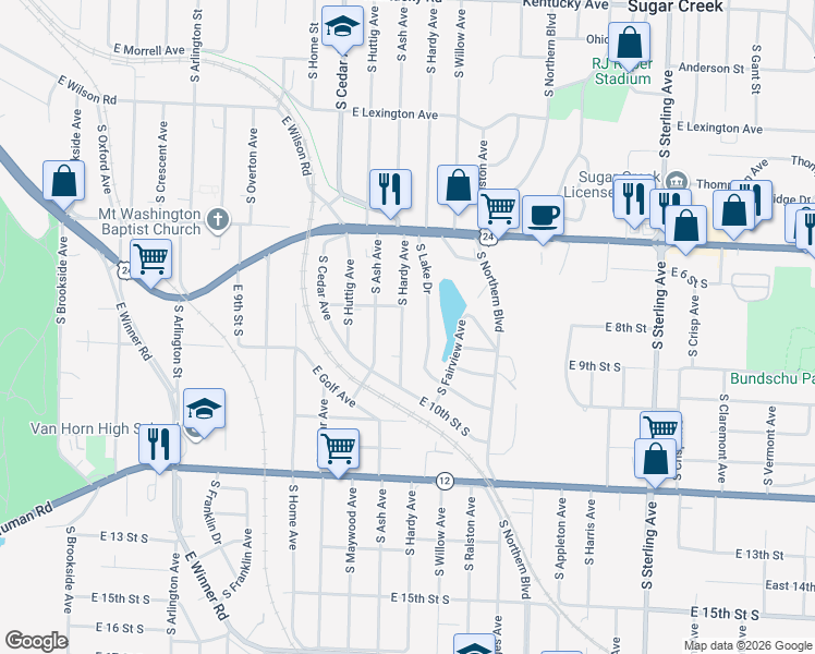 map of restaurants, bars, coffee shops, grocery stores, and more near 629 South Hardy Avenue in Independence