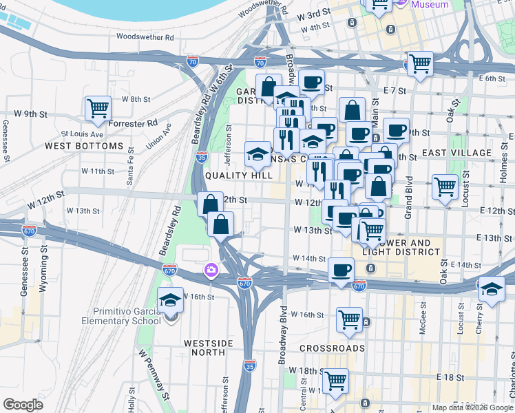 map of restaurants, bars, coffee shops, grocery stores, and more near 444 West 12th Street in Kansas City