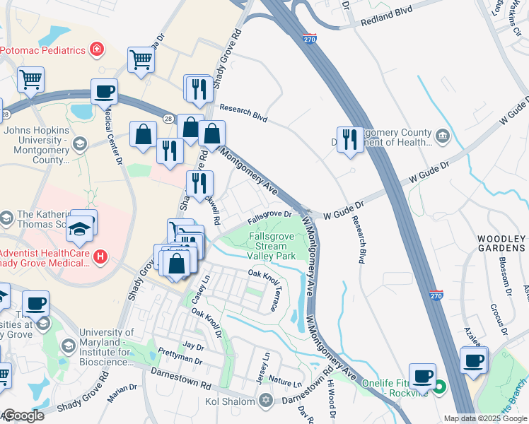 map of restaurants, bars, coffee shops, grocery stores, and more near 723 Fallsgrove Drive in Rockville