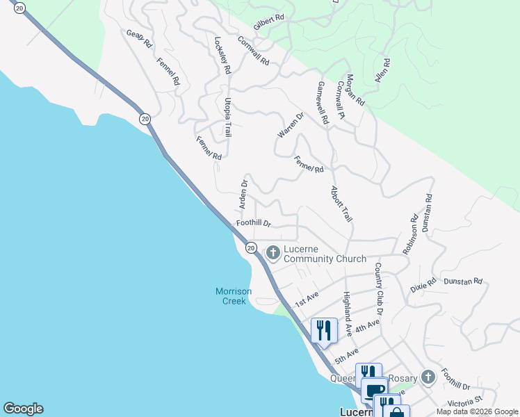 map of restaurants, bars, coffee shops, grocery stores, and more near 5895 Arden Drive in Lucerne