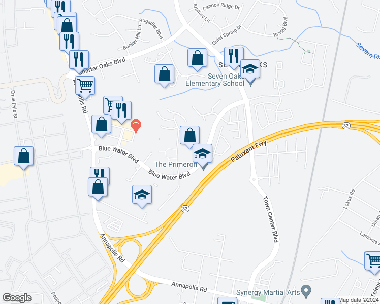 map of restaurants, bars, coffee shops, grocery stores, and more near 307 Assembly Point Court in Odenton