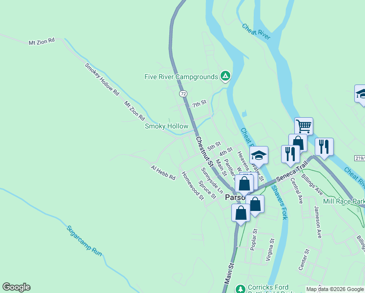 map of restaurants, bars, coffee shops, grocery stores, and more near 411 Waynewood Street in Parsons