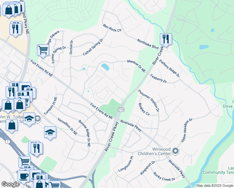 map of restaurants, bars, coffee shops, grocery stores, and more near 1776 Moultrie Terrace Northeast in Leesburg