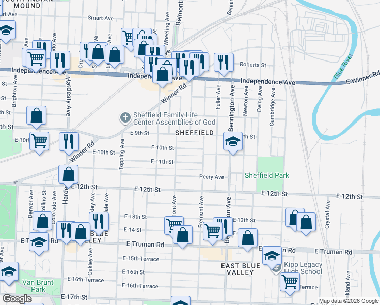 map of restaurants, bars, coffee shops, grocery stores, and more near 6214 East 10th Street in Kansas City