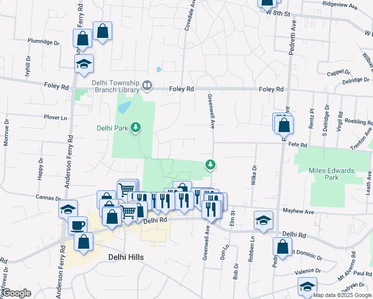 map of restaurants, bars, coffee shops, grocery stores, and more near 4975 Donlar Avenue in Cincinnati