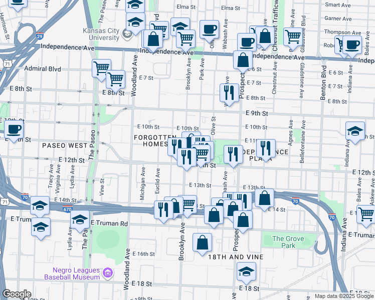 map of restaurants, bars, coffee shops, grocery stores, and more near 1027 Brooklyn Avenue in Kansas City