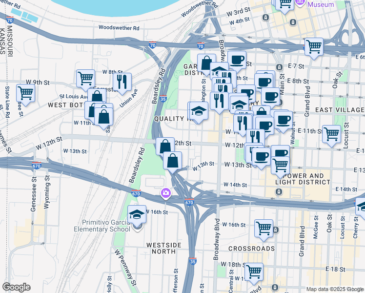 map of restaurants, bars, coffee shops, grocery stores, and more near 601 East 12th Street in Kansas City