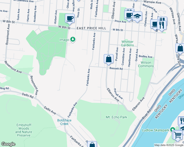 map of restaurants, bars, coffee shops, grocery stores, and more near 550 Fairbanks Avenue in Cincinnati