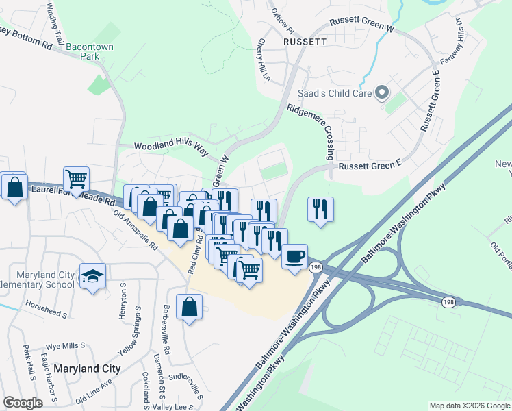 map of restaurants, bars, coffee shops, grocery stores, and more near 8699 Fire Rock Rd in Laurel