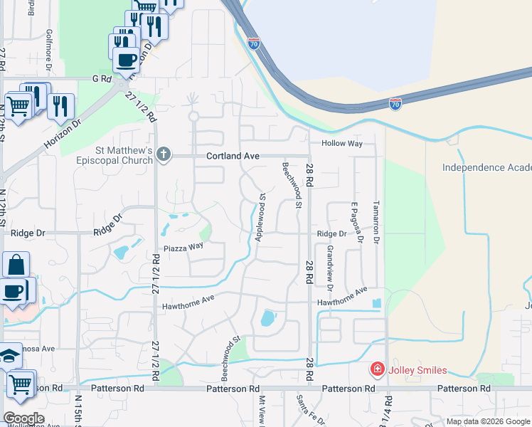 map of restaurants, bars, coffee shops, grocery stores, and more near 3620 Elderberry Circle in Grand Junction