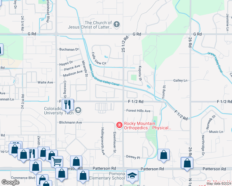 map of restaurants, bars, coffee shops, grocery stores, and more near 2548 Brenna Way in Grand Junction