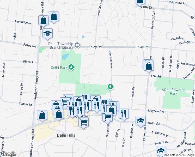 map of restaurants, bars, coffee shops, grocery stores, and more near 4975 Donlar Avenue in Cincinnati