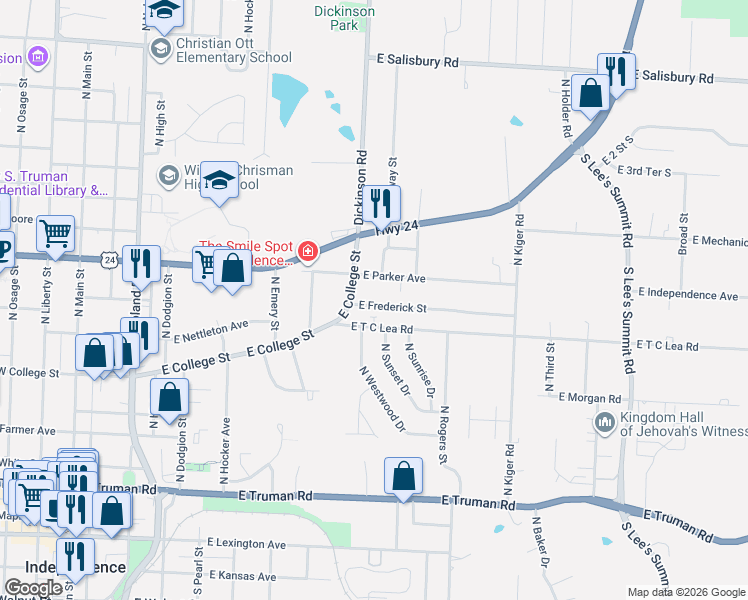 map of restaurants, bars, coffee shops, grocery stores, and more near 925 East Parker Avenue in Independence