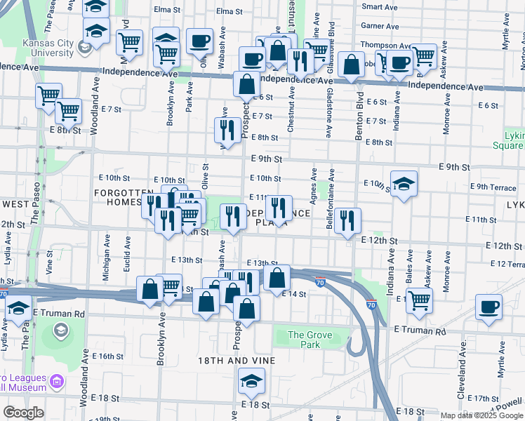 map of restaurants, bars, coffee shops, grocery stores, and more near 2639e East 11 Street in Kansas City