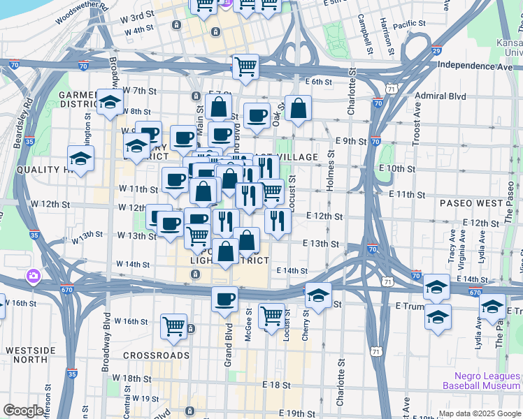 map of restaurants, bars, coffee shops, grocery stores, and more near 1101 McGee Street in Kansas City